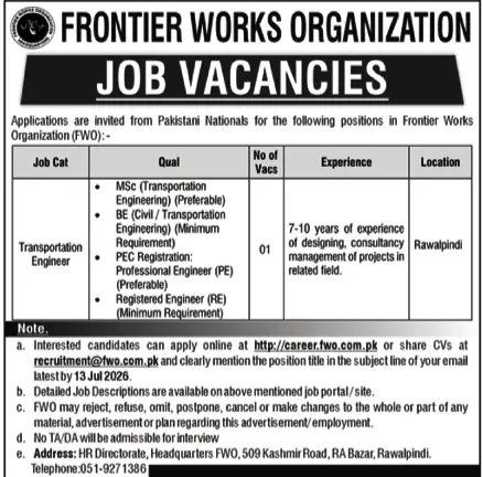 Job advertisement for Frontier Works Organization (FWO) - Nawa-i-Waqt June 25, 2026