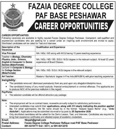 Job advertisement for Fazaia Degree College Peshawar - Daily Mashriq September 16, 2026