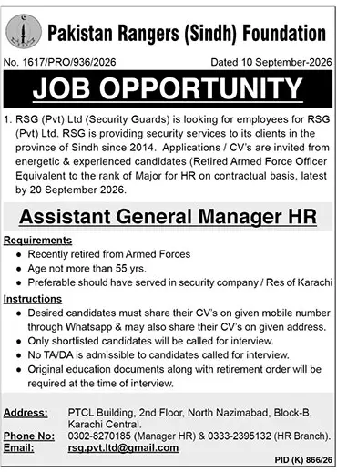 Job advertisement for RSG (Pvt) Ltd - The News International September 13, 2026