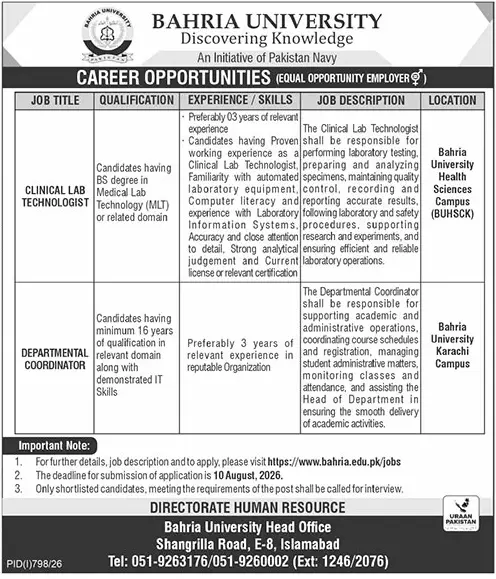 Job advertisement for Bahria University - The News International July 26, 2026