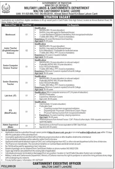 Job advertisement for Walton Cantonment Board - Daily Jang October 4, 2026