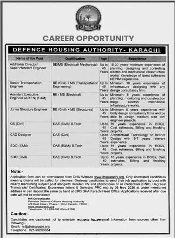 Job advertisement for Defence Housing Authority Karachi (DHA) - Express October 27, 2026