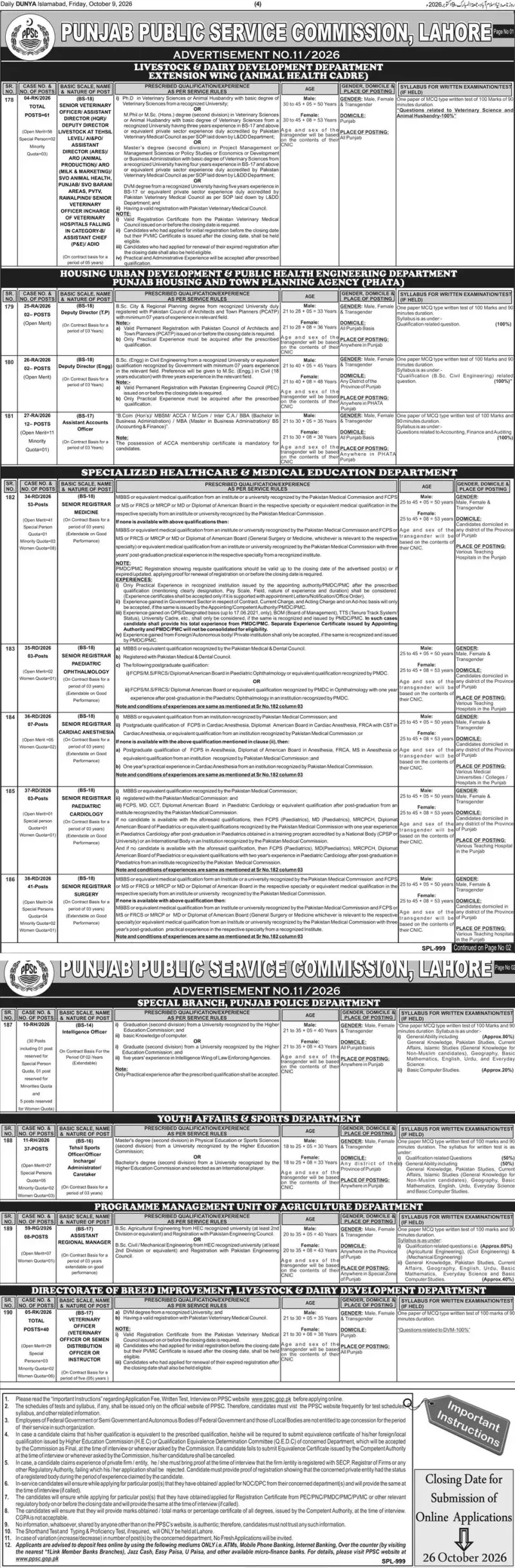 Job advertisement for Punjab Public Service Commission (PPSC) - Daily Dunya October 9, 2026