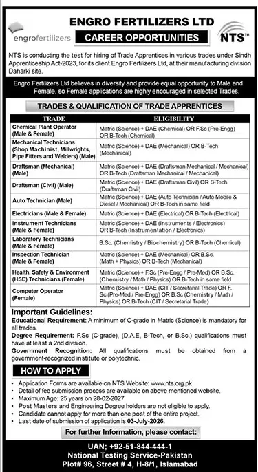 Job advertisement for Engro Fertilizers Limited - The News International June 14, 2026