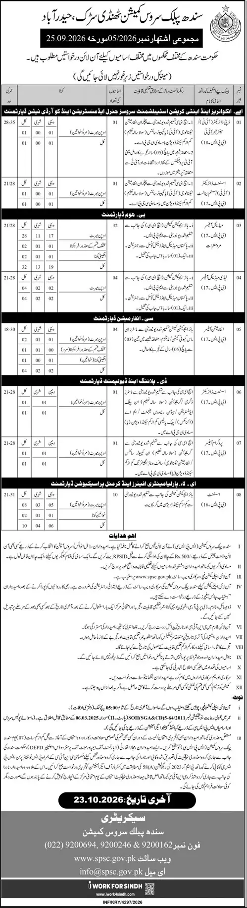 Job advertisement for Sindh Public Service Commission (SPSC) - Daily Jang September 27, 2026