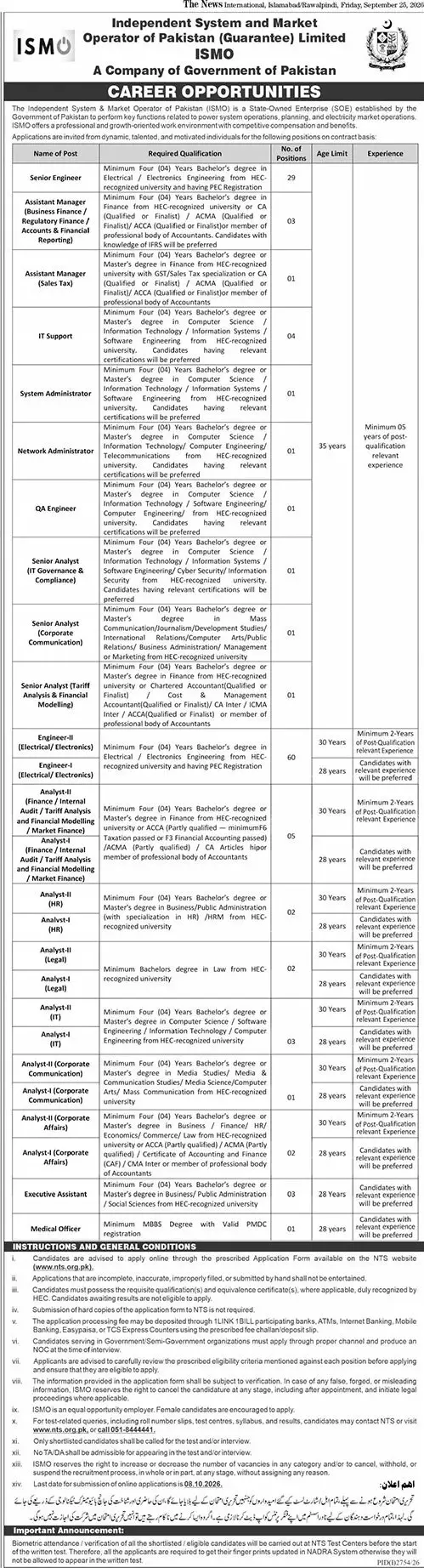 Job advertisement for Independent System and Market Operator of Pakistan (Guarantee) Limited (ISMO) - The News International September 25, 2026