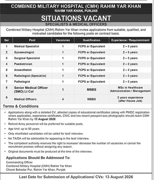 Job advertisement for Combined Military Hospital (CMH) Rahim Yar Khan - The News International July 28, 2026