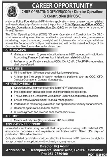 Job advertisement for National Police Foundation (NPF) - Daily Jang June 20, 2026