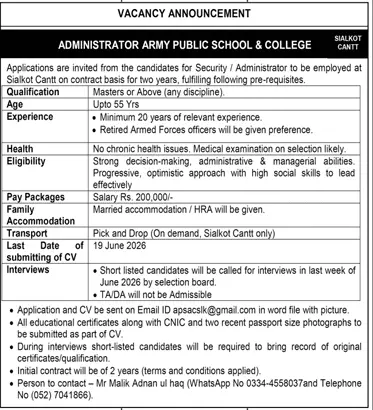 Job advertisement for Army Public School & College - Daily Jang June 9, 2026
