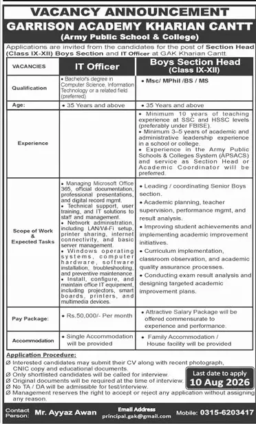Job advertisement for Garrison Academy Kharian Cantt (Army Public School & College) - Daily Jang July 27, 2026