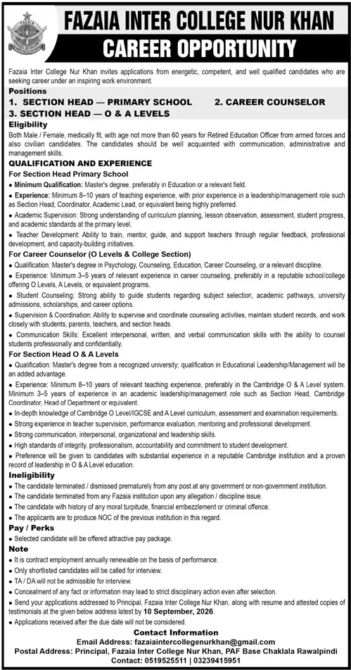 Job advertisement for Fazaia Inter College Nur Khan - Daily Jang September 6, 2026
