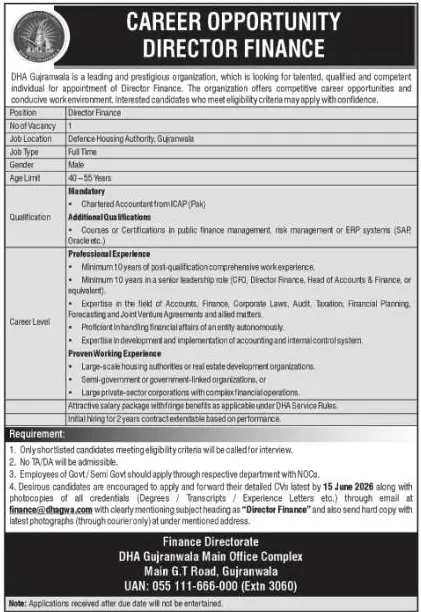 Job advertisement for Defence Housing Authority (DHA) Gujranwala - The Nation June 9, 2026