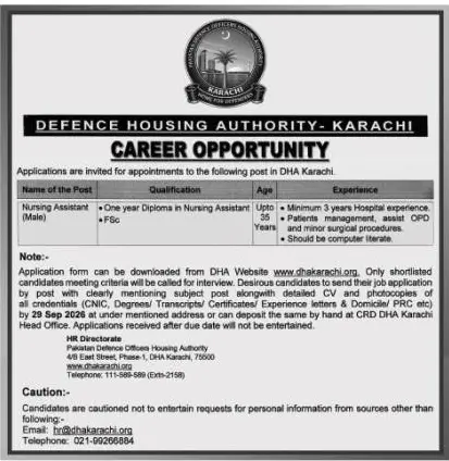 Job advertisement for Defence Housing Authority (DHA), Karachi - The Nation September 18, 2026