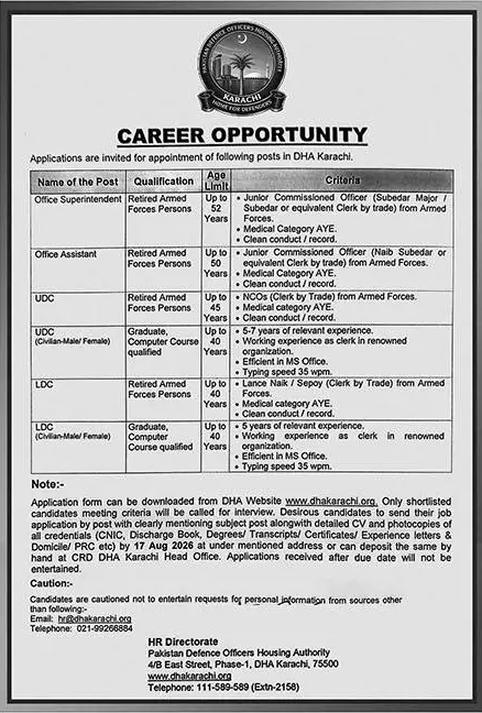 Job advertisement for Pakistan Defence Officers Housing Authority (DHA) Karachi - Nawa-i-Waqt August 5, 2026