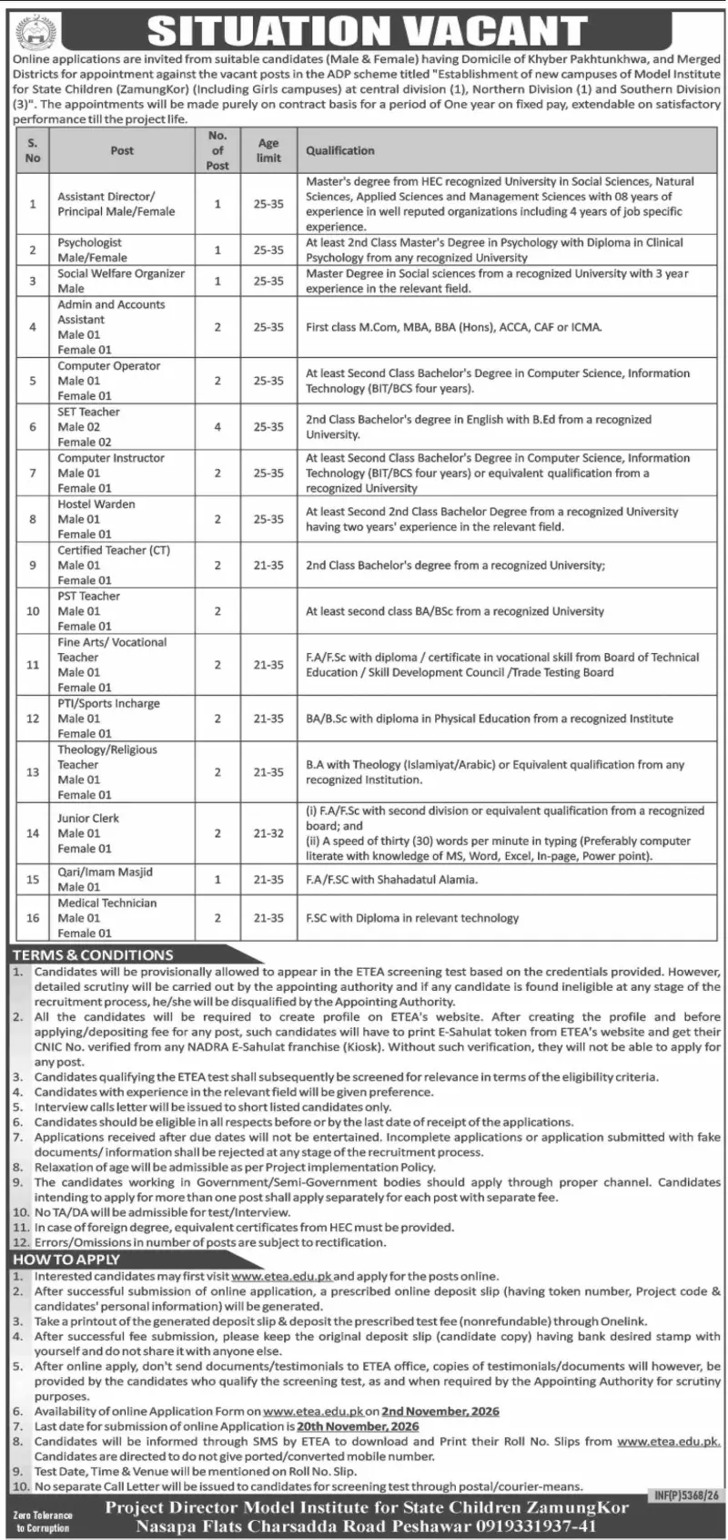 Job advertisement for Model Institute for State Children (ZamungKor) - Dawn October 30, 2026