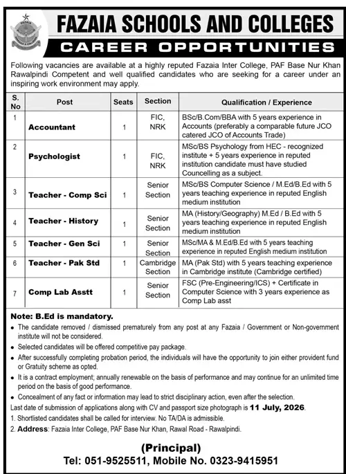 Job advertisement for Fazaia Inter College, PAF Base Nur Khan - Daily Jang July 5, 2026