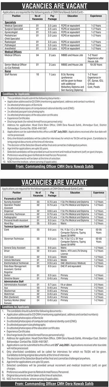 Job advertisement for Combined Military Hospital (CMH) Dera Nawab Sahib - The News International July 5, 2026