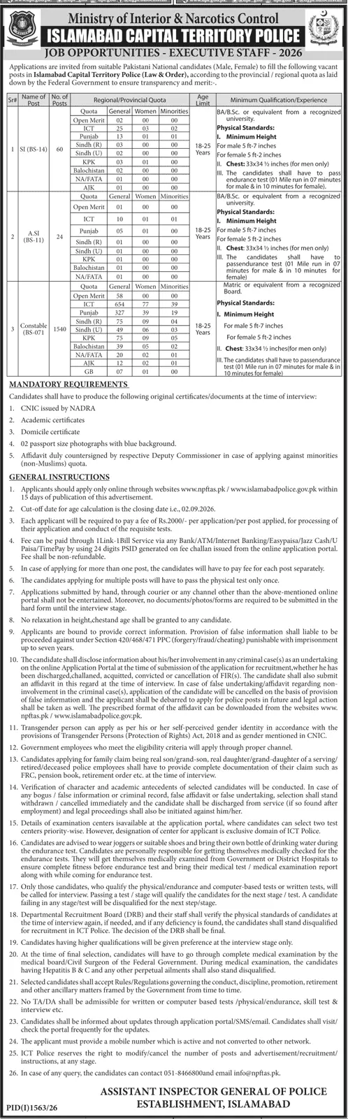 Job advertisement for Islamabad Capital Territory Police (ICT Police) - Daily Jang August 19, 2026
