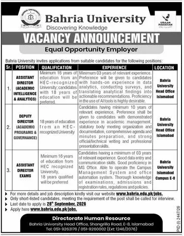 Job advertisement for Bahria University - Express September 13, 2026