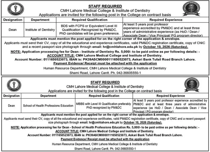 Job advertisement for CMH Lahore Medical College and Institute of Dentistry - Nawa-i-Waqt October 8, 2026