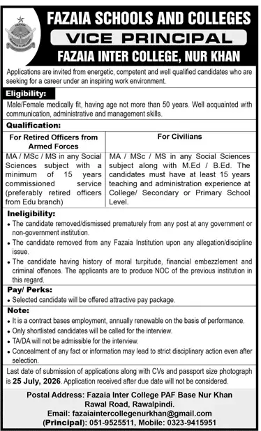 Job advertisement for Fazaia Inter College Nur Khan - Daily Jang July 19, 2026