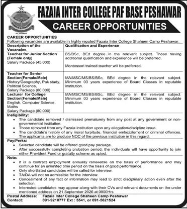 Job advertisement for Fazaia Inter College, Shaheen Camp, Peshawar - Daily Mashriq September 19, 2026
