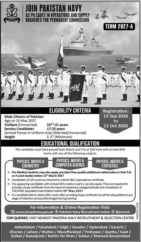 Job advertisement for Pakistan Navy - Express September 13, 2026