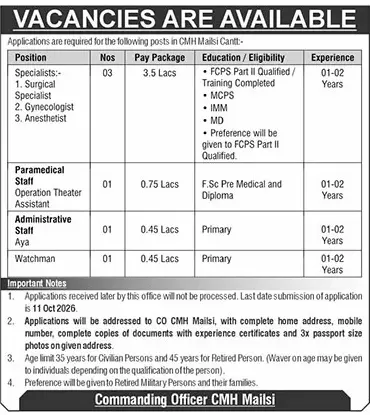 Job advertisement for Combined Military Hospital (CMH) Mailsi - The News International September 25, 2026