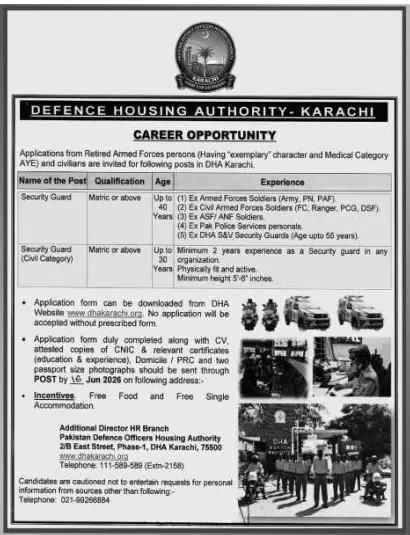 Job advertisement for Pakistan Defence Officers Housing Authority (DHA), Karachi - The Nation June 7, 2026