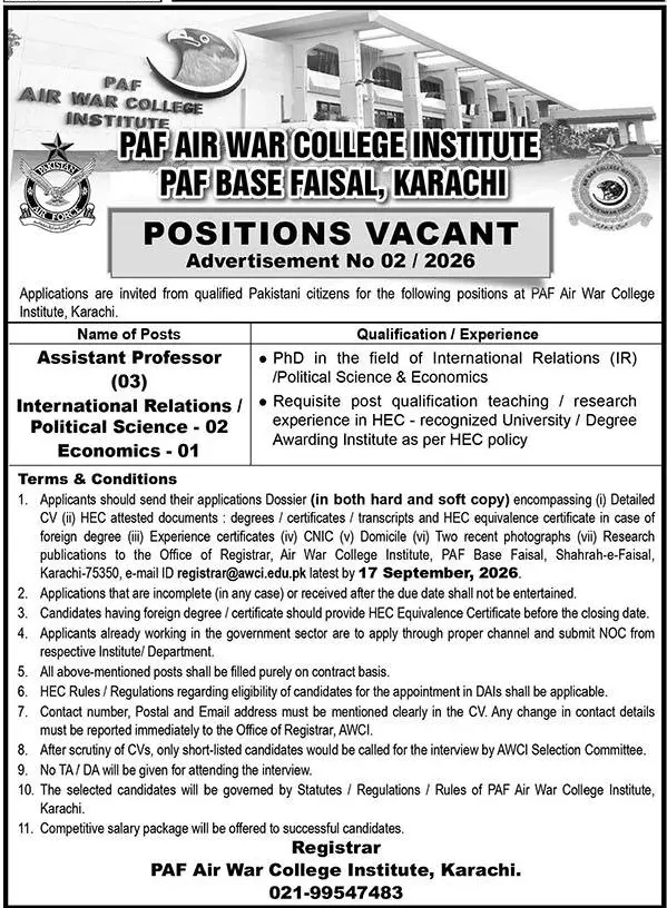 Job advertisement for Pakistan Air Force (PAF) Air War College Institute - Nawa-i-Waqt September 6, 2026