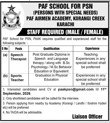 Job advertisement for PAF School for Persons with Special Needs (PSN) - Daily Jang August 30, 2026