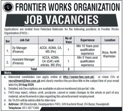 Job advertisement for Frontier Works Organization (FWO) - Nawa-i-Waqt August 10, 2026