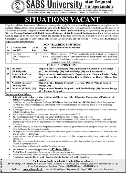 Job advertisement for Shaheed Allah Buksh Soomro University of Art, Design and Heritages (SABS University) - Daily Jang June 15, 2026