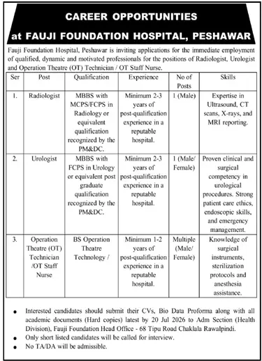 Job advertisement for Fauji Foundation Hospital, Peshawar - Daily Mashriq July 15, 2026