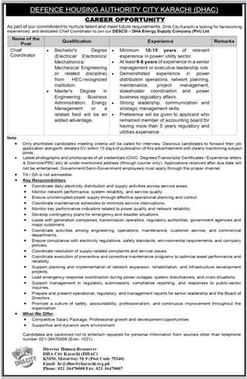 Job advertisement for Defence Housing Authority City Karachi (DHAC) - Express September 26, 2026