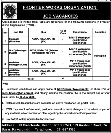 Job advertisement for Frontier Works Organization (FWO) - Nawa-i-Waqt June 7, 2026