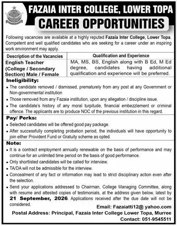 Job advertisement for Fazaia Inter College, Lower Topa - Express September 13, 2026
