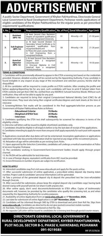 Job advertisement for Directorate General Local Government and Rural Development Department, Government of Khyber Pakhtunkhwa - Express October 30, 2026