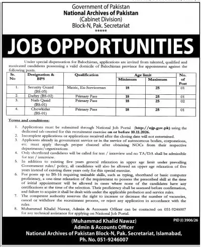 Job advertisement for National Archives of Pakistan - The Express Tribune October 30, 2026