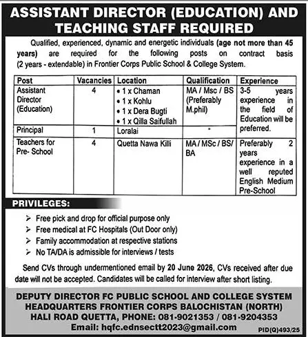Job advertisement for Frontier Corps Public School and College System (FC) - Nawa-i-Waqt June 14, 2026