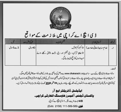 Job advertisement for Pakistan Defence Officers Housing Authority (DHA) Karachi - Nawa-i-Waqt September 1, 2026