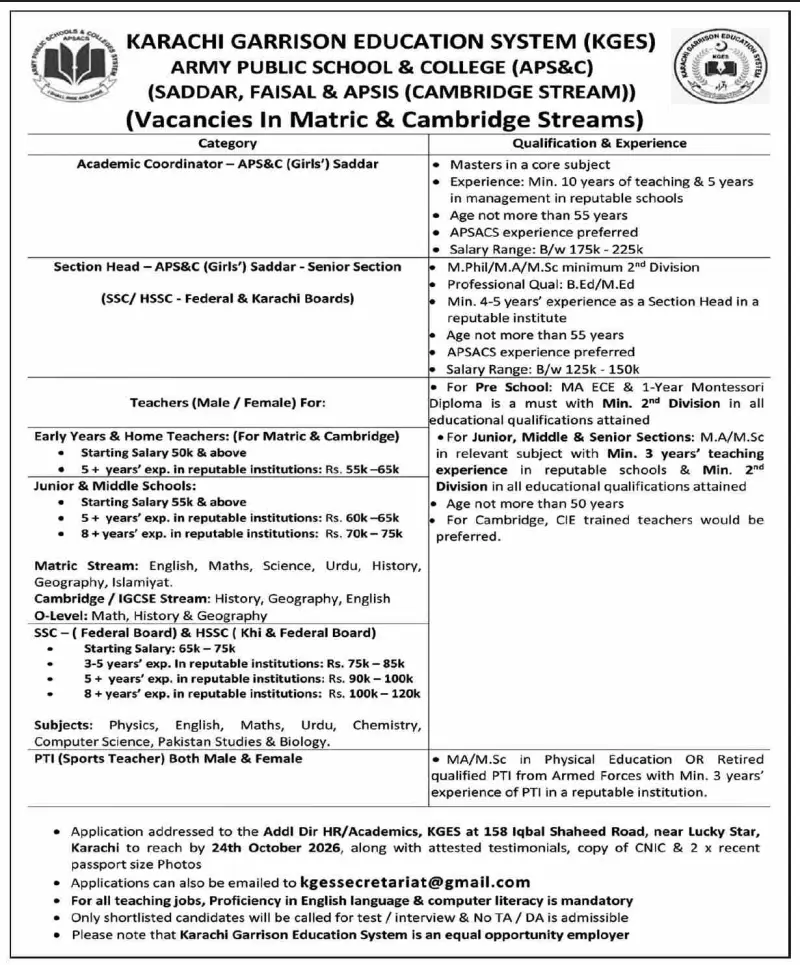 Job advertisement for Karachi Garrison Education System (KGES) - Dawn October 18, 2026