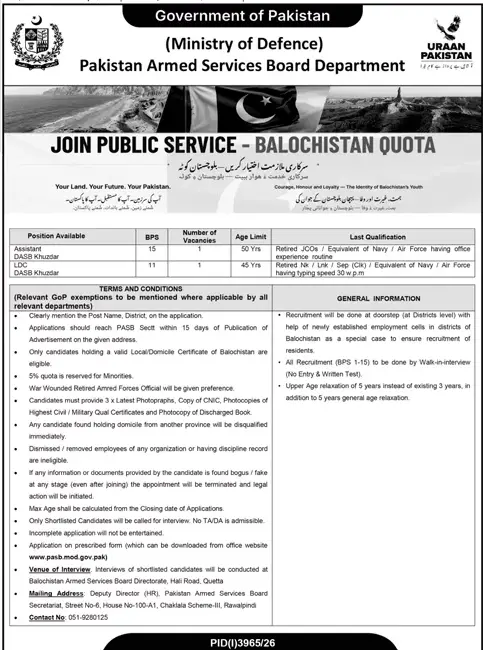 Job advertisement for Pakistan Armed Services Board Department - Daily Dunya October 30, 2026