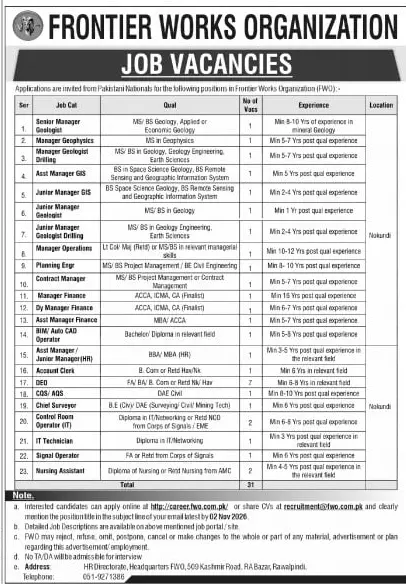 Job advertisement for Frontier Works Organization (FWO) - The Express Tribune October 18, 2026