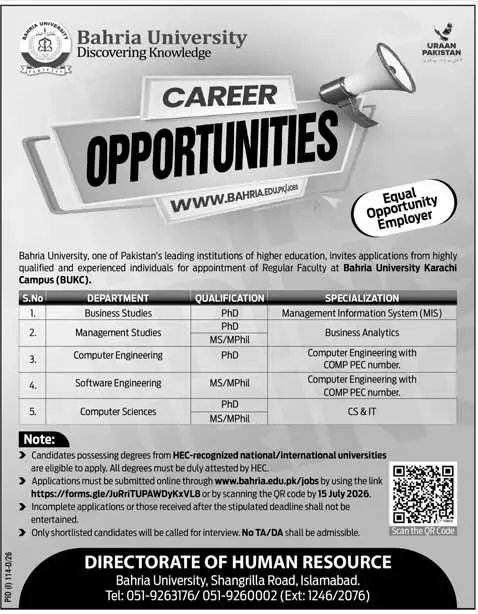 Job advertisement for Bahria University - Express July 5, 2026