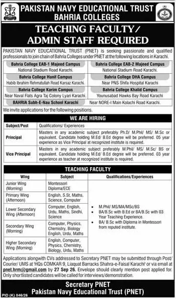 Job advertisement for Pakistan Navy Educational Trust (PNET) - Express September 13, 2026