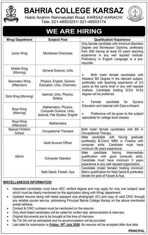 Job advertisement for Bahria College Karsaz - Express June 21, 2026