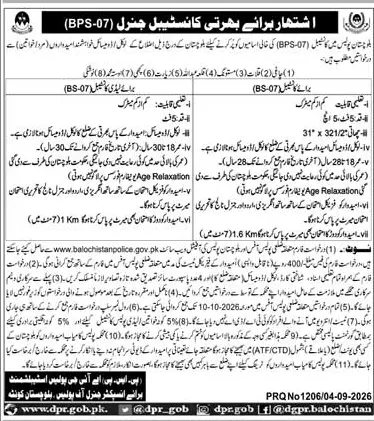 Job advertisement for Balochistan Police - Daily Jang September 6, 2026