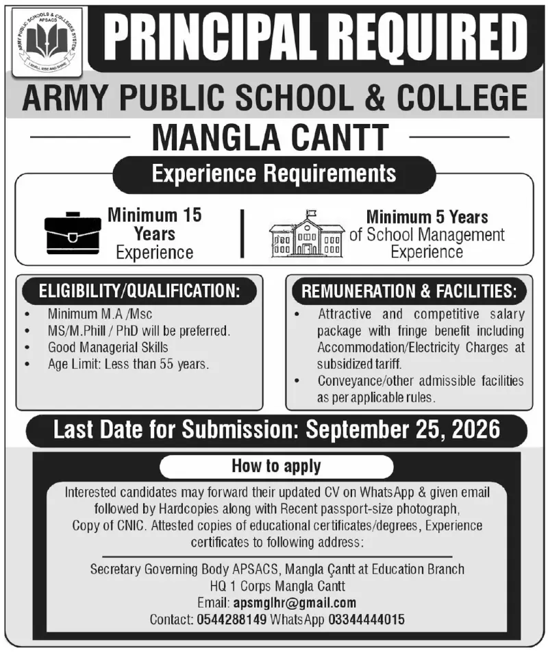 Job advertisement for Army Public School & College - The Express Tribune September 4, 2026