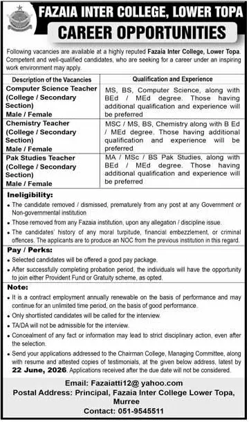 Job advertisement for Fazaia Inter College, Lower Topa - Express June 14, 2026